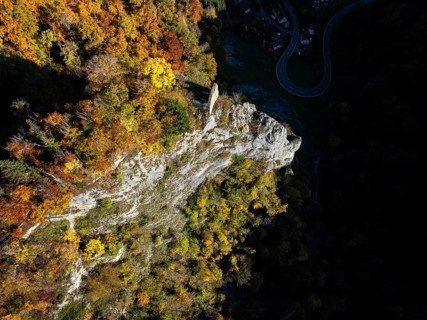 Aerial view of the viewpoint, shovels and Hausen Castle, also known as the Hausen ruins, surrounded