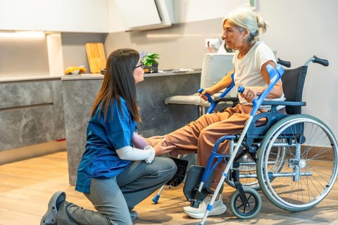Nurse assisting an elderly woman in a wheelchair with home physiotherapy, providing gentle physical