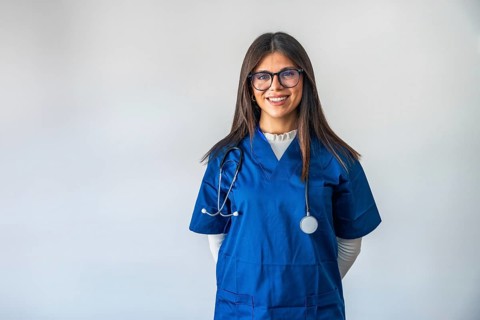 Female doctor in blue scrubs with stethoscope, smiling confidently at camera on white background,