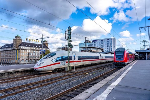 ICE train on track 2 in Essen main station, regional express, view of the city center, Handelshof