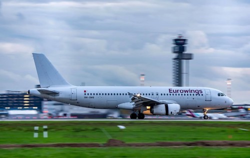 Eurowings Airbus landing at Düsseldorf Airport, North Rhine-Westphalia, Germany