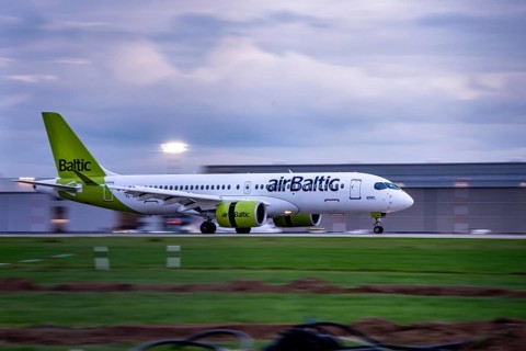 AirBaltic Airbus A220 landing at Düsseldorf Airport, North Rhine-Westphalia, Germany