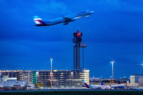 Airplane taking off from Düsseldorf Airport, Air Traffic Control Tower, North Rhine-Westphalia,