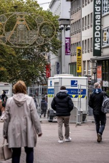 Police video surveillance at the Porsche pulpit, in front of the market church in downtown Essen,