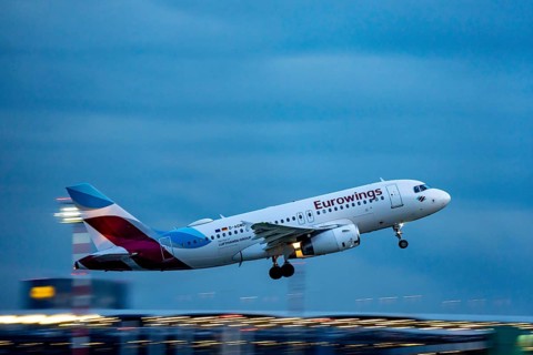 Eurowings Airbus A319 taking off from Düsseldorf Airport, North Rhine-Westphalia, Germany