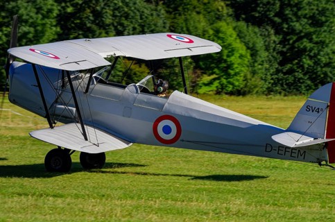 A double-decker Stampe-Vertongen SV-4B with registration D-EFEM during a flight demonstration as
