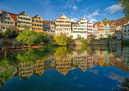 Historic houses on the Neckar front, the Neckar river, water reflection, old town of Tübingen,