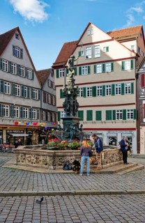 Market square with Neptune fountain with Neptune and trident from the Renaissance, Tübingen,