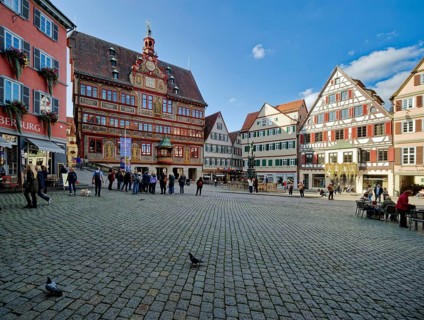 Market square with town hall and Neptune fountain with Neptune and trident from the Renaissance,