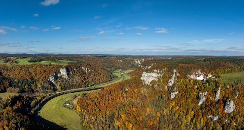 Aerial view, panorama, Upper Danube Valley surrounded by autumn vegetation, Wildenstein Castle on