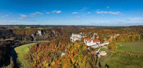 Aerial view, panorama of Wildenstein Castle near Leibertingen, surrounded by autumn vegetation,
