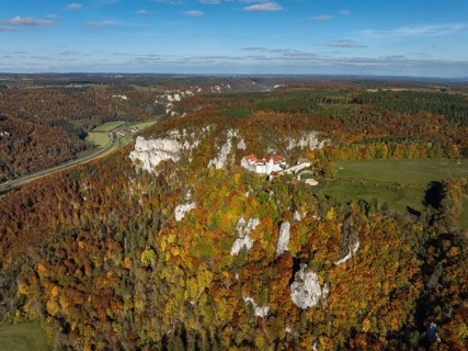 Aerial view of Wildenstein Castle near Leibertingen, surrounded by autumn vegetation, Upper Danube
