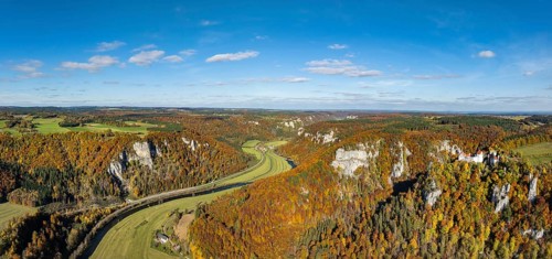 Aerial view, panorama, Upper Danube Valley, surrounded by autumn vegetation, Wildenstein Castle