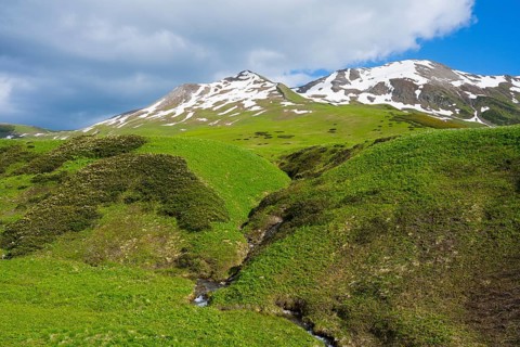 Hilly green valleys with snow-covered mountain ridges and clouds, Zagari Pass, Svaneti, Greater
