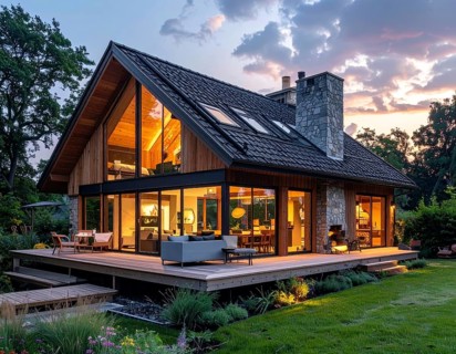 Modern Extension on a Traditional Cottage with Glass and Wood Architecture, green garden with