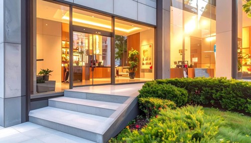 Modern building entrance with stairs, glass facade, and plants in warm evening light, empty