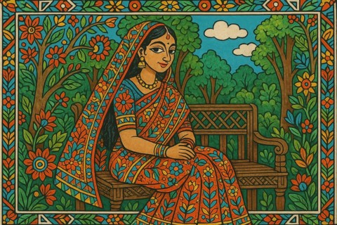 This colorful illustration depicts a woman in a sari, enjoying a peaceful moment in a lush garden