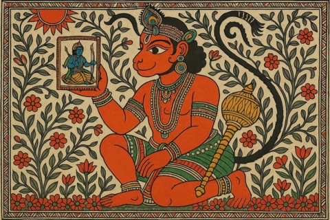 This colorful artwork depicts the Hindu deity Hanuman with a portrait of Rama, showcasing