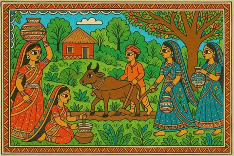 This vibrant artwork depicts traditional Indian village life, showcasing farming and daily