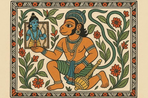 This vibrant artwork depicts Hanuman, a central figure in the Hindu epic Ramayana, with intricate