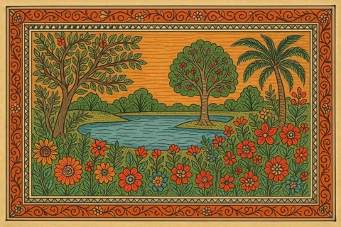 This colorful artwork depicts a peaceful scene with lush vegetation and a calm body of water,
