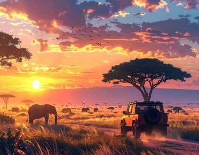 African savannah sunrise with a jeep safari and elephants, AI generated