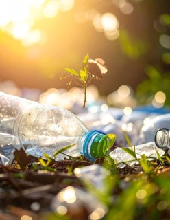 Crushed plastic water bottle waste in a wild landscape, symbol for nature protection, waste