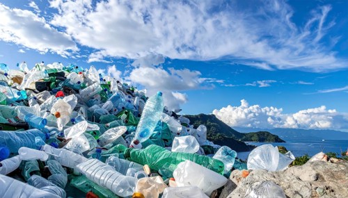 Crushed plastic water bottle waste in a wild landscape, symbol for nature protection, waste