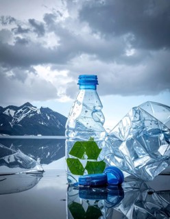 Crushed plastic water bottle waste in a wild landscape, symbol for nature protection, waste