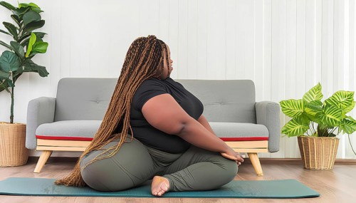 A woman is sitting on a mat in a living room. She is wearing a black shirt and green pants, AI