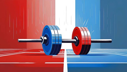 Two dumbbells are shown in a red, white, and blue color scheme. The dumbbells are positioned in a