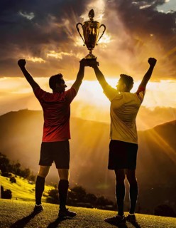 Two men are holding a trophy in the air, celebrating their victory. The sun is setting in the