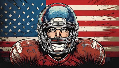 Powerful illustration of an american football player, ready for the super bowl, with the usa flag