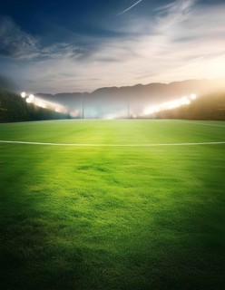 A soccer field with a bright green grass and a cloudy sky. The field is empty and the only light