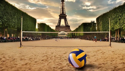 A volleyball court set up near the Eiffel Tower, highlighting the excitement and preparation for