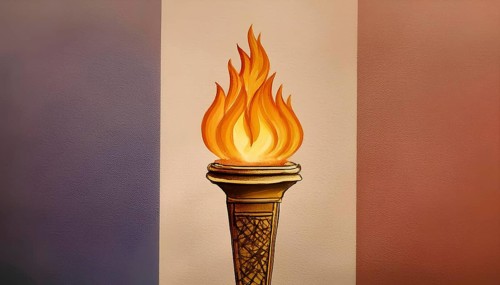 A drawing of a torch with a flame on top of a cone. The drawing is in a foreign language and has a