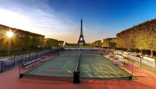 Tennis courts bathed in sunlight with the Eiffel Tower in the background, symbolizing the Paris