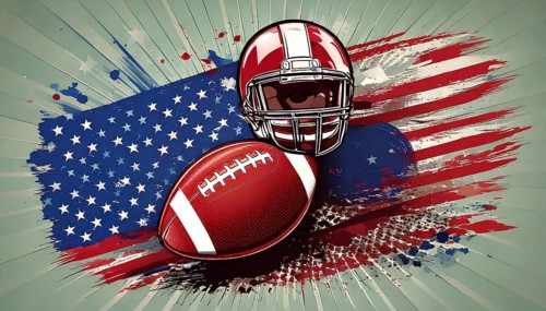 American football helmet and ball celebrating super bowl with grunge usa flag background, AI