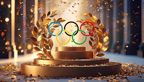 Award ceremony of the Olympic Games.Wallpaper of a trophy with the logo of the Olympic games, AI