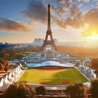 A large green field with a stadium in the background. The stadium is surrounded by trees and
