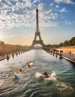 A group of people swim in a waterway near the Eiffel Tower in Paris. The sky is partly cloudy, and