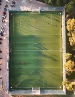 A soccer field with a green surface and white lines. The field is surrounded by a fence and trees,