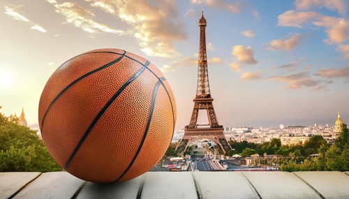 Sports of the Olympic Games. Basketball. A close-up of a basketball placed on a ledge with the