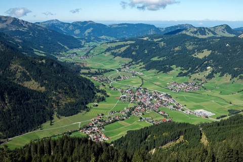View from the Neunerköpflebahn of Tannheim and the Tannheimer Valley, Allgäu Alps, Tyrol, Austria