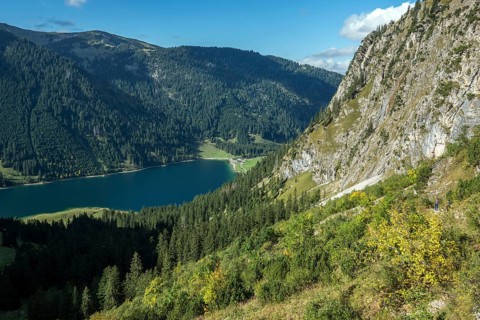 View of Vilsalpsee, Allgäu Alps, Tannheim, Tannheimer Tal, Tyrol, Austria
