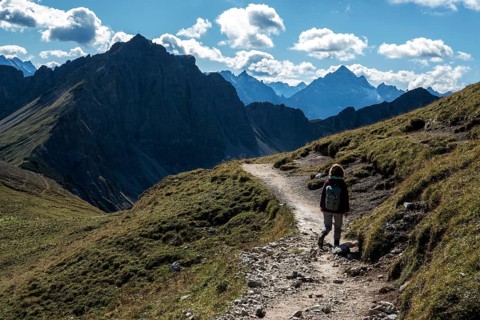 Female hiker on hiking trail, Sallfelder Höhenweg, Tannheimer Mountains, Allgäu Alps, Tannheimer