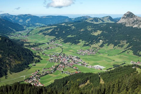 Allgäu Alps, view of Tannheim and the Tannheimer Valley from the Neunerköpflebahn, Tyrol, Austria