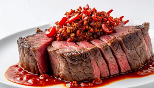 This beautifully plated steak is a culinary delight, perfect for food blogs and restaurant menus,