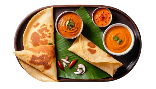 This overhead shot showcases a traditional South Indian breakfast of dosa, sambar, and chutney,