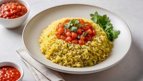 This vibrant dish features a bed of flavorful yellow rice topped with fresh diced tomatoes and
